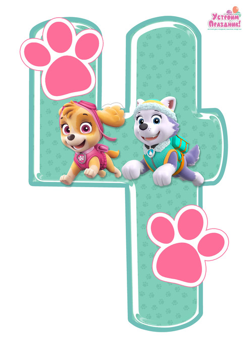 paw patrol birthday number 4 printable with sky and everest